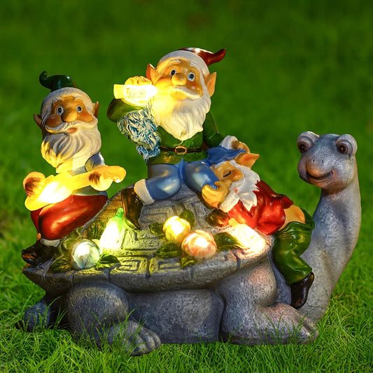 Solar Garden Outdoor Statues Three Gnomes Having Party on Turtle with 7 LED Solar Figurine for Lawn,Patio,Balcony,Yard Decor Unique Housewarming Gift, for Grandfather, Father,Grandma,Wen