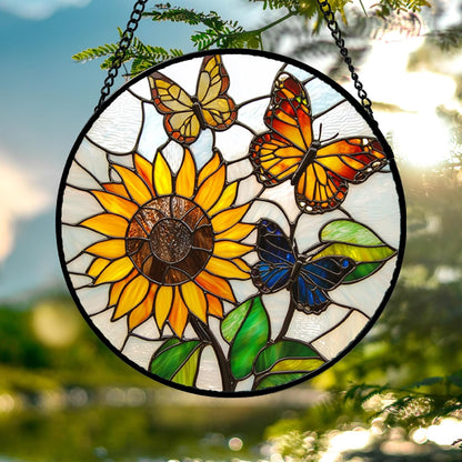 Stained Glass Window Hanging, Butterfly and Sunflowers Sun Catchers Glass Panel Plant Insects Suncatcher Decor for Birthday for Women, Men, Wife, Aunt, and Mom 14.9x14.9 in