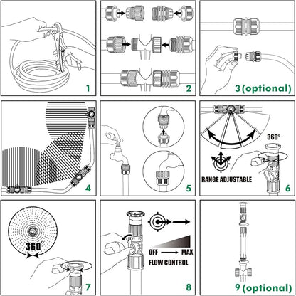 RESTMO Flexible Sprinkler System with Metal Spike Base, Above Ground DIY Irrigation Kit, Multi-Adjustable Lawn Sprinkler Set, Ideal for Plant and Flower Bed Watering, 30ft Garden Hose Included