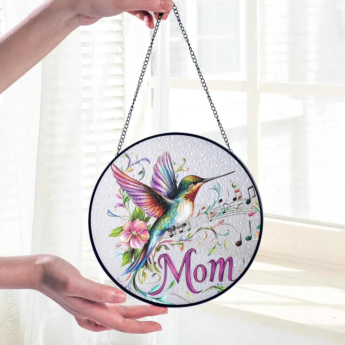 Mom Suncatcher Hummingbird Stained Glass for Windows Hanging Home & Garden Decor Best Mom Memorial Gifts for Mothers Day from Daughter Son Birthday Christmas Thanksgiving Grandma Gift