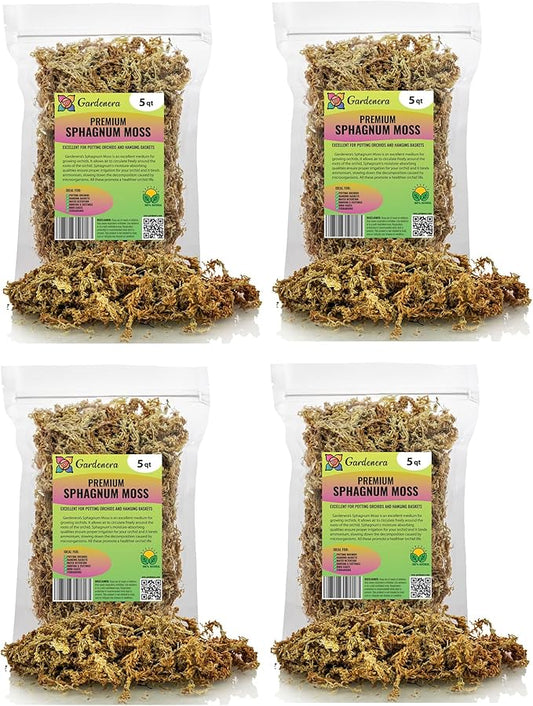 Premium Grade Sphagnum Moss by Gardenera - 20 Quart - Organic Hand Mixed New Zealand Long Fibered Sphagnum Moss Orchid - 4 Bags of 5 Quart