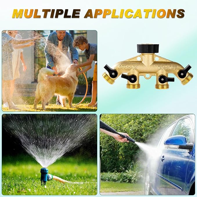 Dalmbox Garden Hose Splitter 4 Way, Water Hose Splitter, 3/4" Heavy-Duty Brass Garden Hose Splitter, Includes 5 Rubber Washers & Teflon Tape(1 pack)