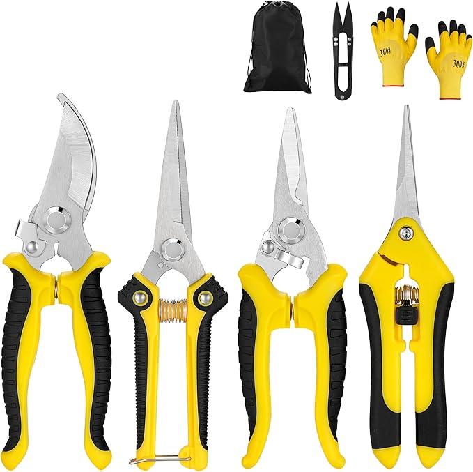 5 pack Garden Pruning Shears Stainless Steel Blades, Handheld Scissors Set with Gardening Gloves,Heavy Duty Garden Bypass Pruning Shears,Tree Trimmers Secateurs, Hand Pruner (Yellow and Black)