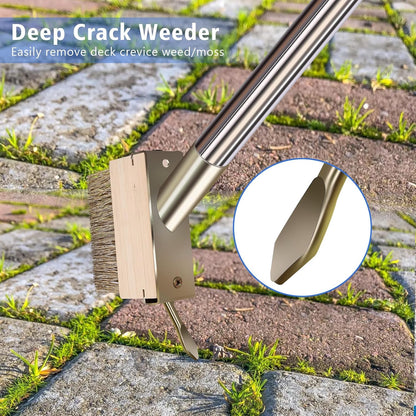 Moss Grout Remover Brush Tool with Detachable 64.9Inch Handle for Outdoor Concrete Deck Pavers Patios Walkways Crevice Cleaning, 2 Pcs Metal Wire Brush Heads with Crack Scraper Weeder Puller