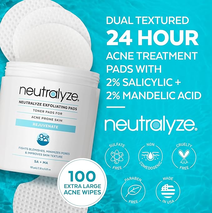 Neutralyze Exfoliating Acne Toner Pads - Dual Textured, Maximum Strength Acne Wipes for Face & Body with 2% Salicylic Acid & 2% Mandelic Acid for Teens & Adults (100 Wipes)