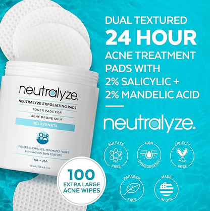 Neutralyze Exfoliating Acne Toner Pads - Dual Textured, Maximum Strength Acne Wipes for Face & Body with 2% Salicylic Acid & 2% Mandelic Acid for Teens & Adults (100 Wipes)