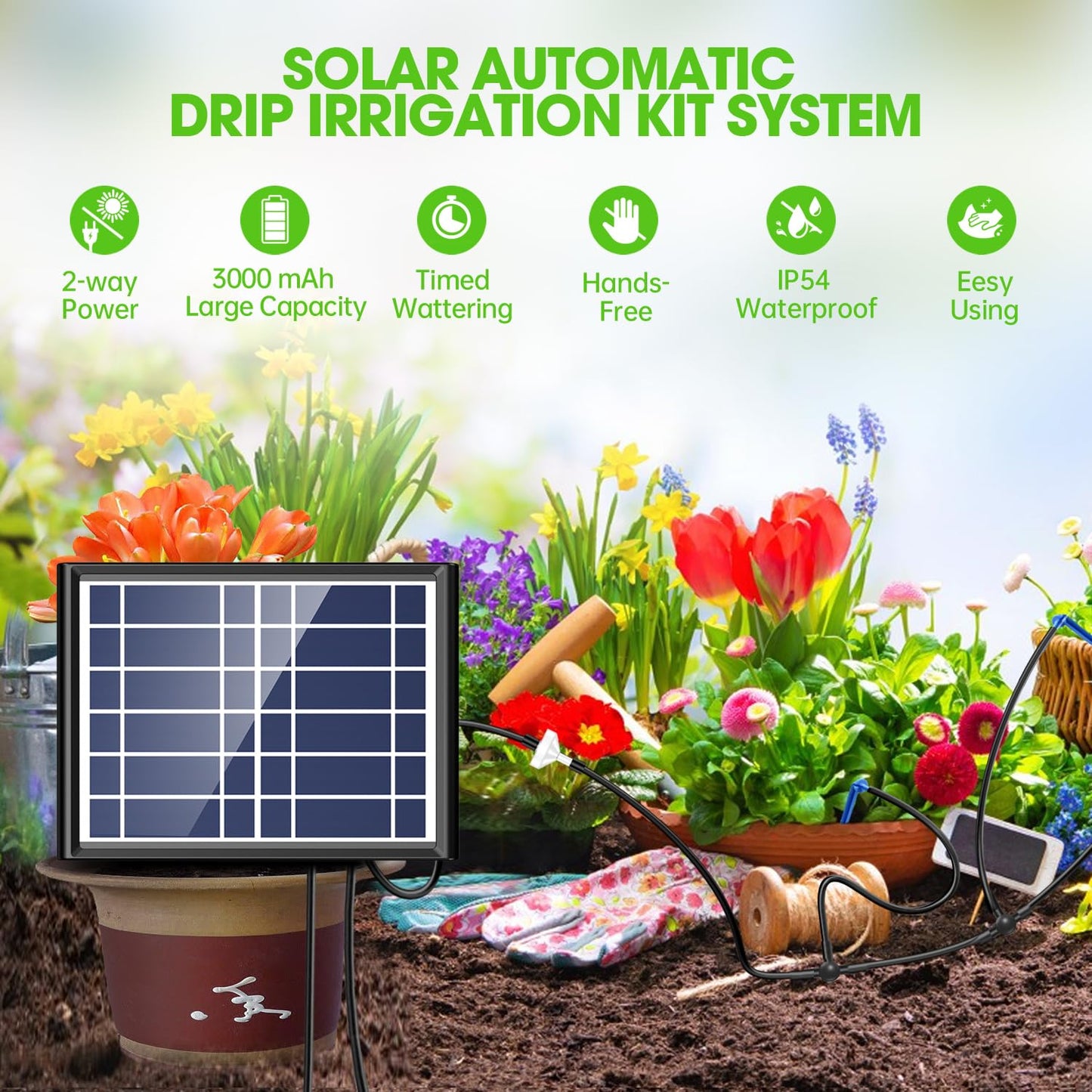 Solar Automatic Drip Irrigation Kit - 25 Timer Modes Smart Watering System for 15 Plants, 900ml/min High Flow with IP54 Waterproof, 49FT Indoor/Outdoor Garden Kit for Vacation & Busy Plant Lovers