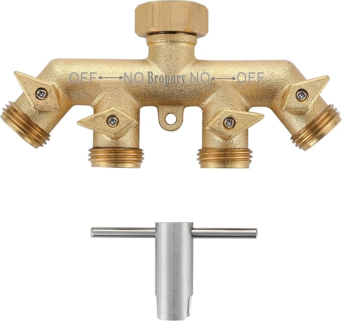 Bropury 4 Way Hose Splitter with Thickened and Optimized, Solid Brass Hose Connector NPT3/4", Hose Spigot Adapter 4 Valves with 5 Extra Rubber Washers and on/off Wrench (4 way)