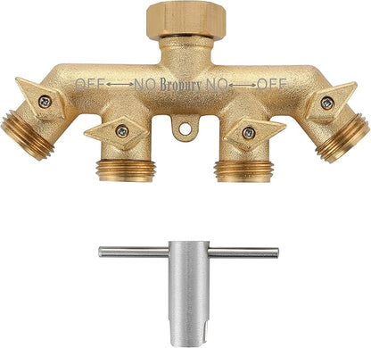 Bropury 4 Way Hose Splitter with Thickened and Optimized, Solid Brass Hose Connector NPT3/4", Hose Spigot Adapter 4 Valves with 5 Extra Rubber Washers and on/off Wrench (4 way)