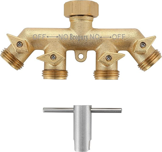 Bropury 4 Way Hose Splitter with Thickened and Optimized, Solid Brass Hose Connector NPT3/4", Hose Spigot Adapter 4 Valves with 5 Extra Rubber Washers and on/off Wrench (4 way)