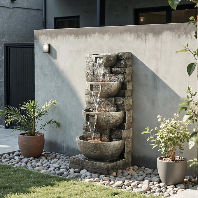 VEVOR Outdoor Water Fountain, 35.63 in Height Fountain and Waterfall, 4-Tier Floor Standing Cascading Fountains with LED Light and Pump, Block Stack Style, for Outdoor Indoor Garden, Patio & Backyard