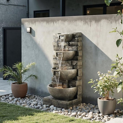 VEVOR Outdoor Water Fountain, 35.63 in Height Fountain and Waterfall, 4-Tier Floor Standing Cascading Fountains with LED Light and Pump, Block Stack Style, for Outdoor Indoor Garden, Patio & Backyard