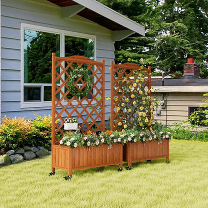 Upgraded 2-Pack 50" Tall Trellis Planter Box with Wheels, 49.8"H × 27.6"W × 13.0"D Solid Fir Wood Raised Garden Bed & Lattice Privacy Screen, Rolling Planter with Drainage for Patio/Garden