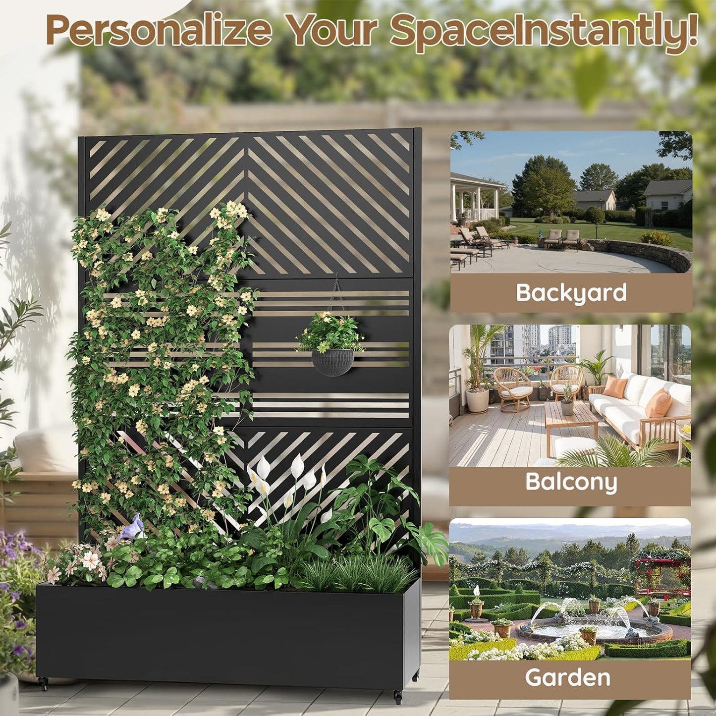 Metal Raised Garden Bed with Trellis & Wheels,72" x 47"x 15.7" Planter Box with Trellis,Privacy Planters for Patio,Garden Bed for Climbing Plants,Suitable for climbing plants and vegetables,Black