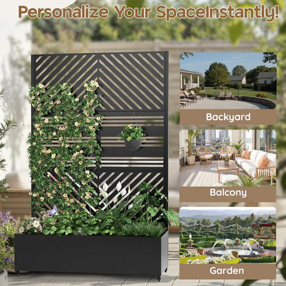 Metal Raised Garden Bed with Trellis & Wheels,72" x 47"x 15.7" Planter Box with Trellis,Privacy Planters for Patio,Garden Bed for Climbing Plants,Suitable for climbing plants and vegetables,Black