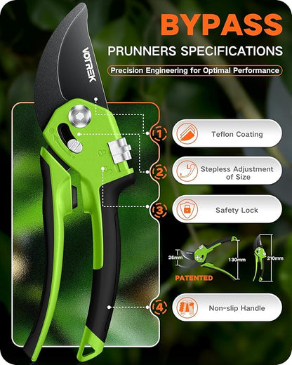 Pruning Shears for Gardening - 8.5" Garden Clippers with SK5 Blade, Stepless Adjustable Handle for All Hand, Ergonomic Bypass Plant Pruners Scissors for Heavy Duty Branch Bush Rose Tool