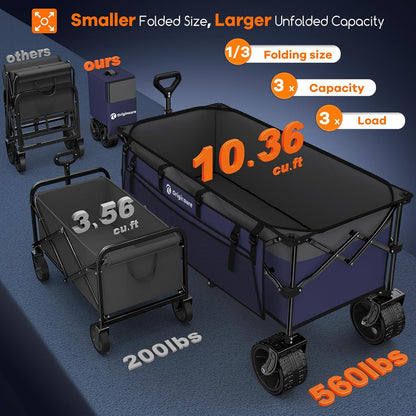 48" L Collapsible Wagon Cart Foldable, 560lbs Weight Capacity 300L Heavy Duty Folding Beach Wagons with Big All-Terrain Wheels, Utility Carts for Groceries, Shopping, Camping, Sports - Grey&Purple