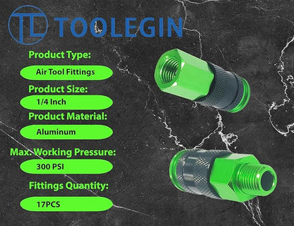 1/4" Air Hose Fittings, 16 Pieces Quick Connect Air Fittings Kit, Aluminum Air Compressor Fittings with Six-Ball Locking Mechanism, 300 PSI