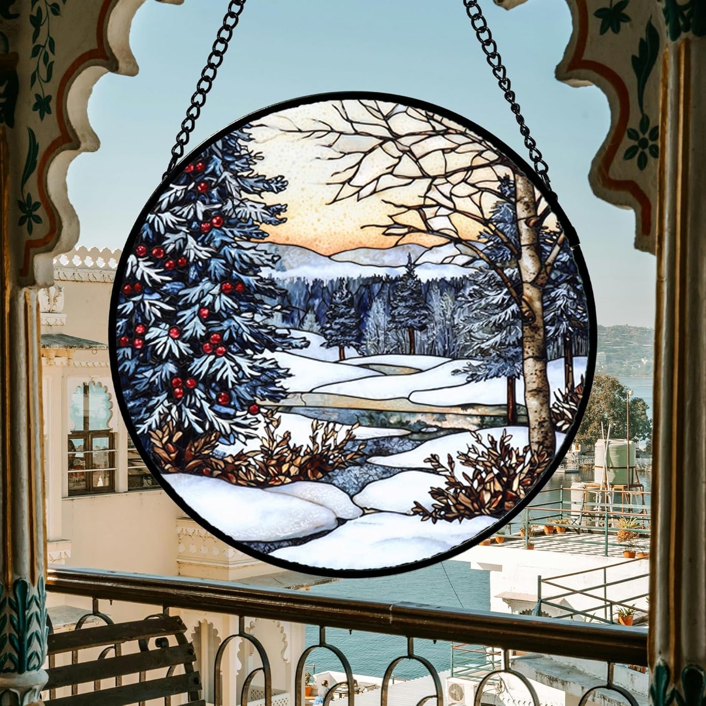 Stained Glass Window Hanging, Winter Snow Landscape Suncatcher Diamond Glass Panel Sun Catchers Decor for Birthday for Women, Men, Wife, Aunt, and Mom 6.3x6.3 in