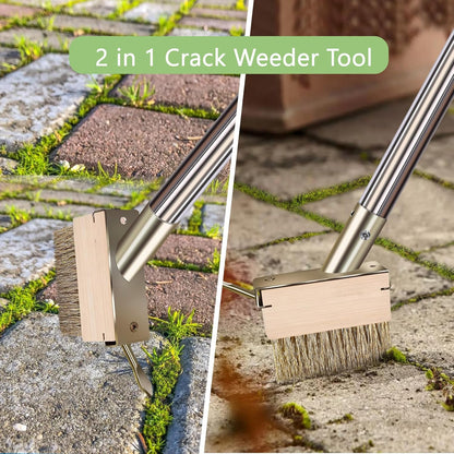 mcwdoit Crack Weeder Tool, Crevice Weeding Moss Brush with 2 Heads&Scraping Hook, A Hand Puller Tool, Moss Remover with Steel Handle for Cleaning Paving Joint Paver Sidewalk Patio Stone Driveway Deck