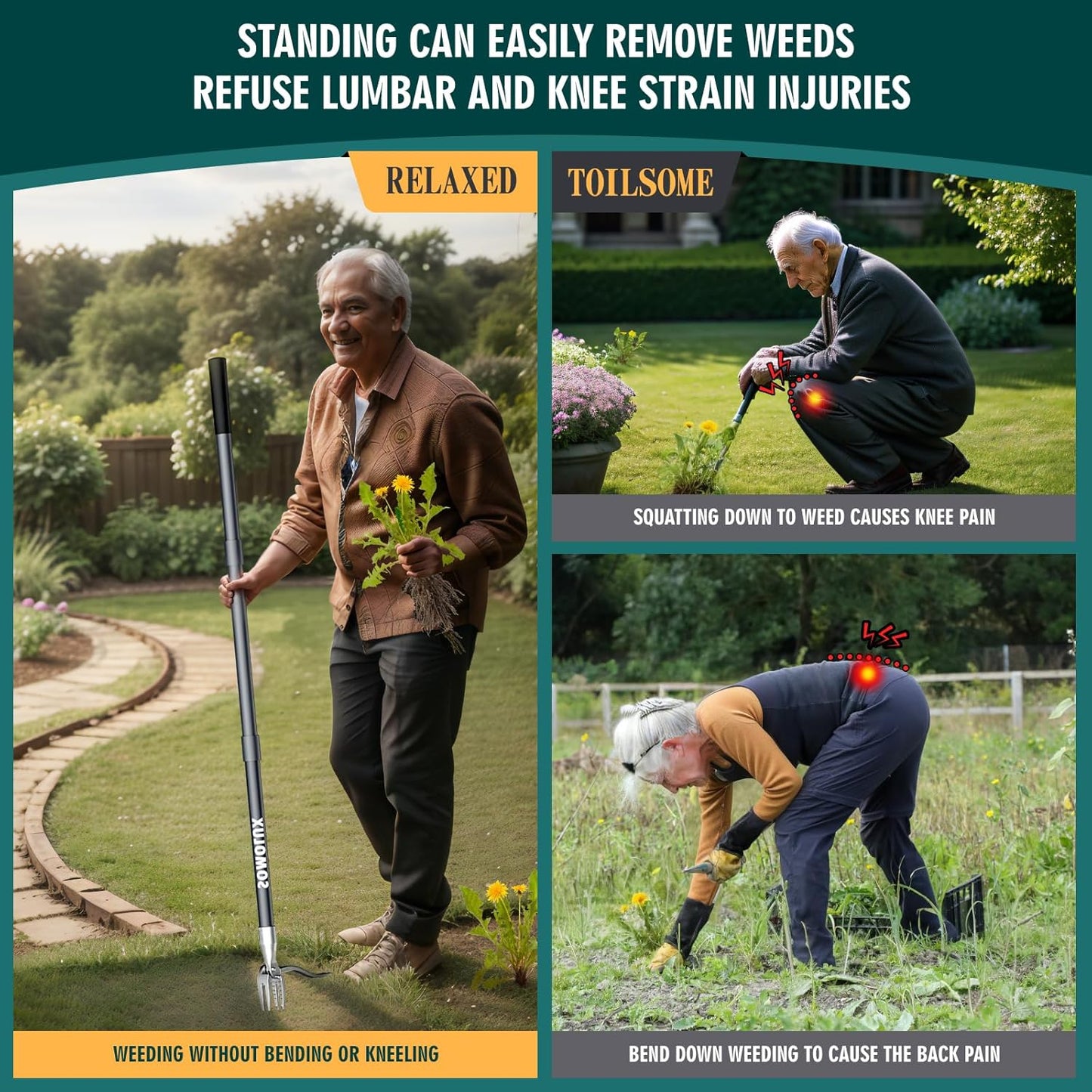 SOMOLUX 52'' Weed Puller Tool Stand-up Weeder with Metal Long Handle/Stainless Steel Claw, Gardening Manual Tool Weed Gripper/Picker/Remover No Bending/Kneeling to Remove Dandelion Form Lawn Patio