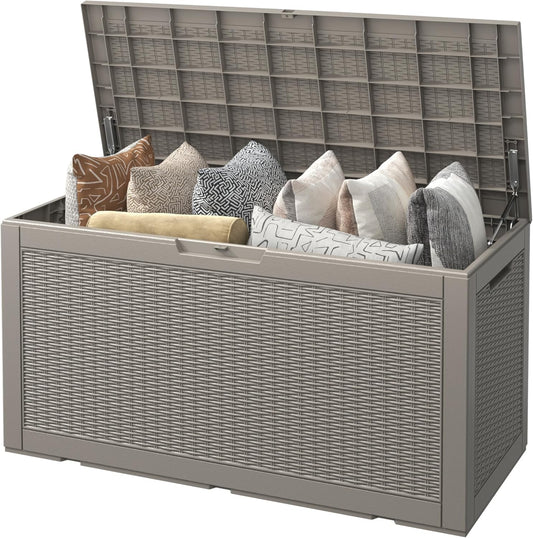 Outdoor Storage Box, Resin Deck Boxes Indoor and outdoor, Waterproof Storage Box Lockable Lid (Grey, 100 Gallon)