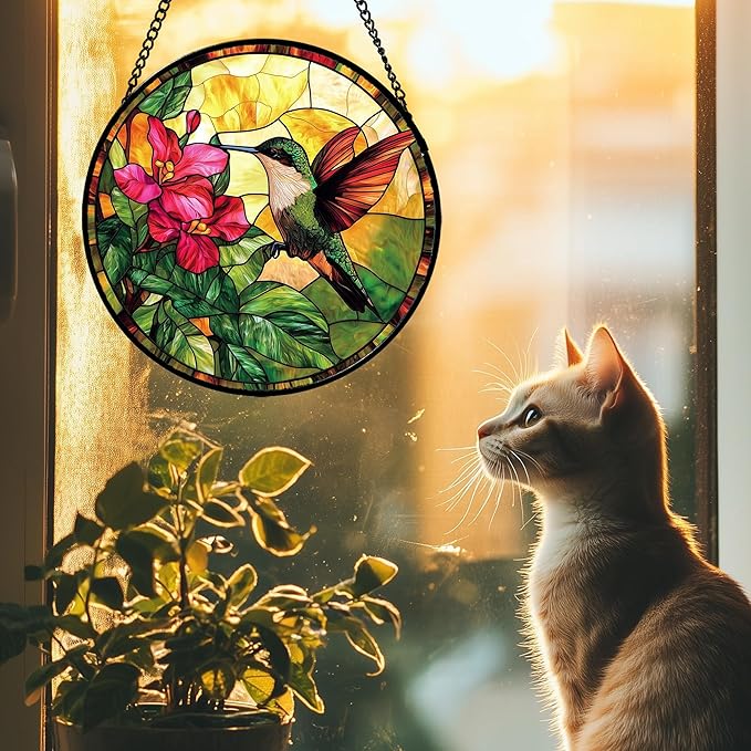 Stained Glass Suncatcher, Hummingbird Red Flowers Green Leaves Sun Catcher Stain Glass Window Hanging Decoration Mother's Day Birthday Gifts for Bird Lover Women Men Mom Nana 7.8 in