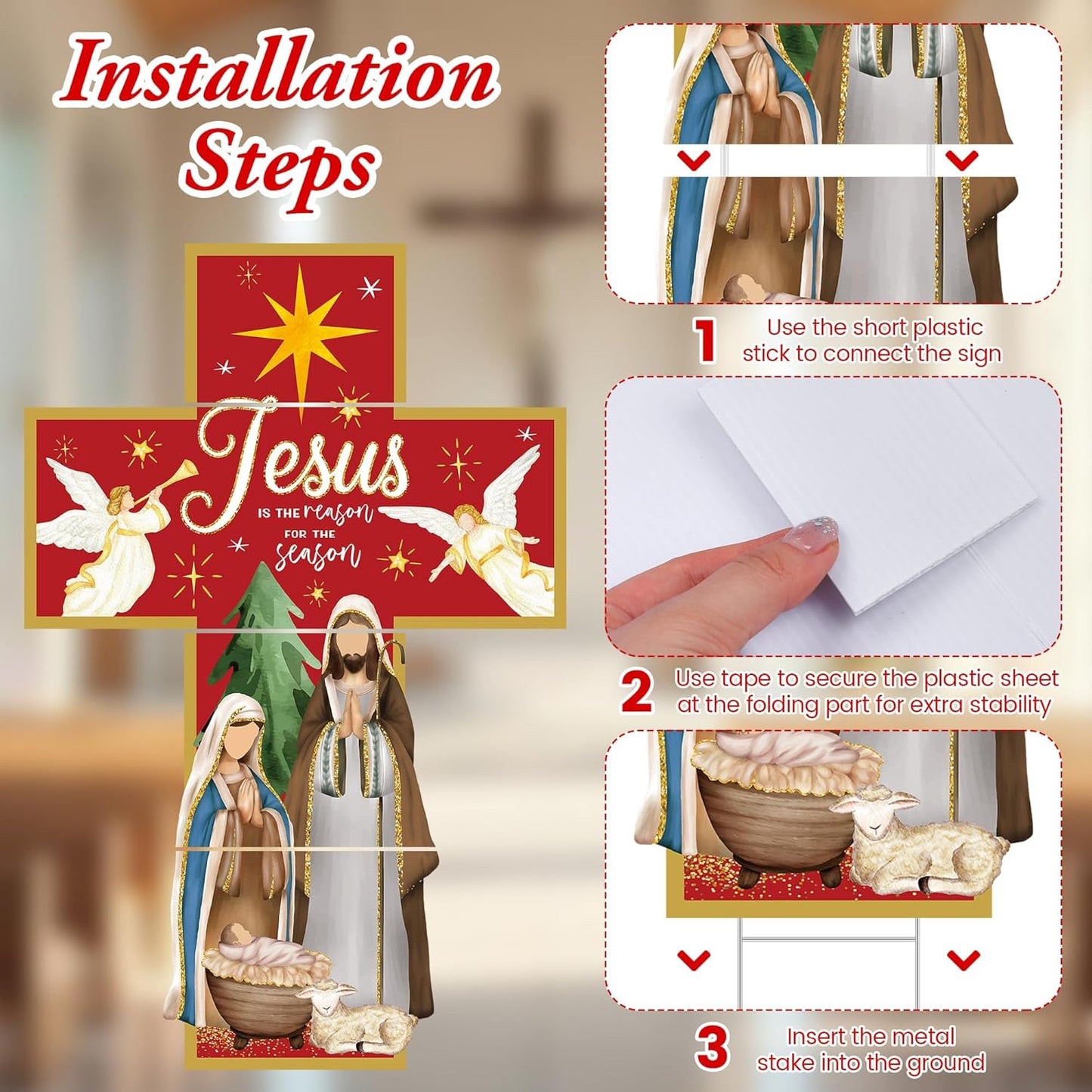 Aneco 47.2 Inch Large Christmas Holy Nativity Yard Sign Jesus is The Reason for The Season Lawn Signs with Metal Stakes Religious Christian Inspirational Decor for Xmas Outdoor Holy Family Garden