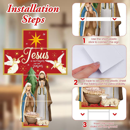 Aneco 47.2 Inch Large Christmas Holy Nativity Yard Sign Jesus is The Reason for The Season Lawn Signs with Metal Stakes Religious Christian Inspirational Decor for Xmas Outdoor Holy Family Garden