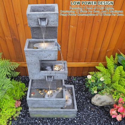 Garden Fountains Outdoor Water Fountain - 47.2 Inches 4 Tired Modern Indoor Floor Standing Outdoor Fountain with Lights Pump for Garden Patio Backyard Porch Home Art Decor