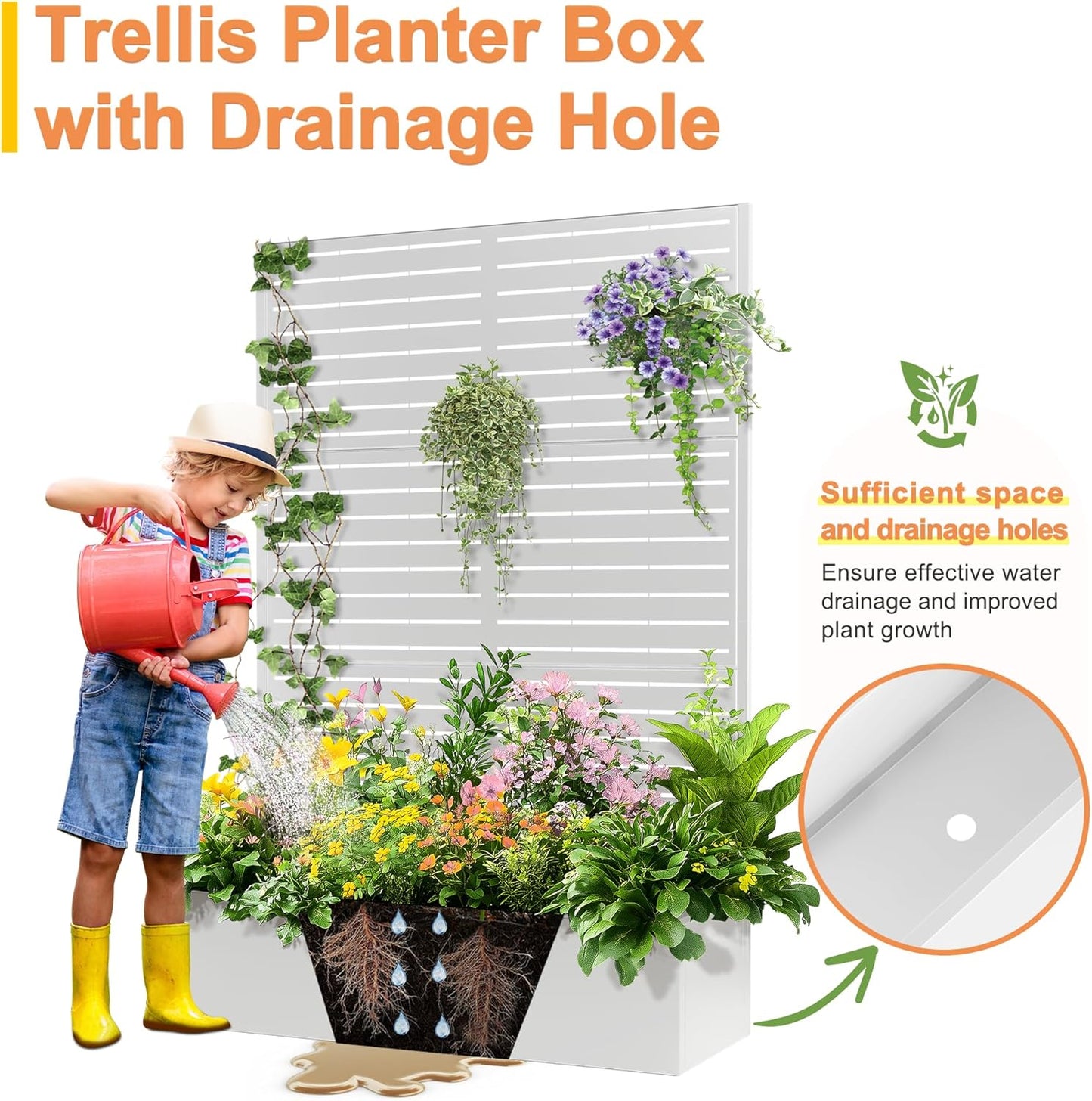 71"x47"x16" Metal Planter Box with Trellis, Raised Garden Bed with Trellis, Trellis with Planter Box & Privacy Screen for Climbing Plants, Vegetable, Vines(White, Louvered)