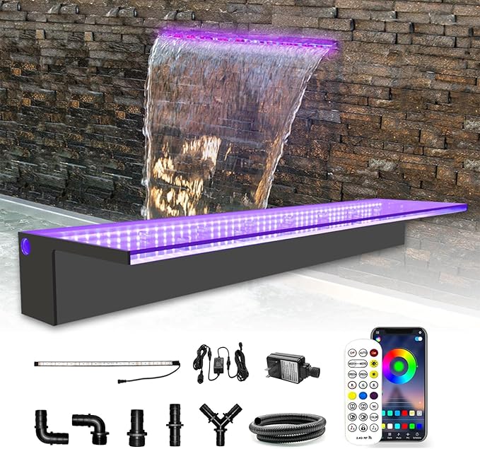LONGRUN Waterfall Spillway, APP Control Multi-Color LED Light Outdoor Pool Fountain, Acrylic Water Spillway Koi Pond Waterfalls Fountains Kit for Garden Patio Swimming Pool Decoration-35.4"