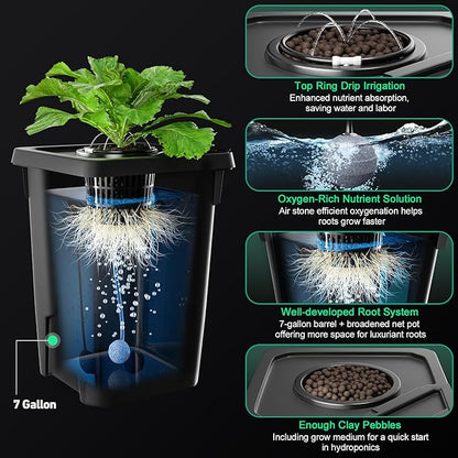 DWC Hydroponics Growing System with Top Drip Kit 7 Gallon Deep Water Culture Bucket System with Air Pump, Air Stone, Air Hose, Recirculating Drip Garden System