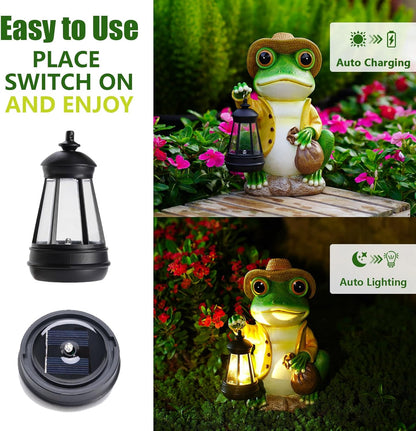 Solar Garden Outdoor Frog Statue 10 inches Tall - with Handheld Lanterns - Detachable - Patio, Balcony, Shelf, Tabletop, Lawn Decoration - Unique Housewarming, Birthday, Thanksgiving, Mom Gifts