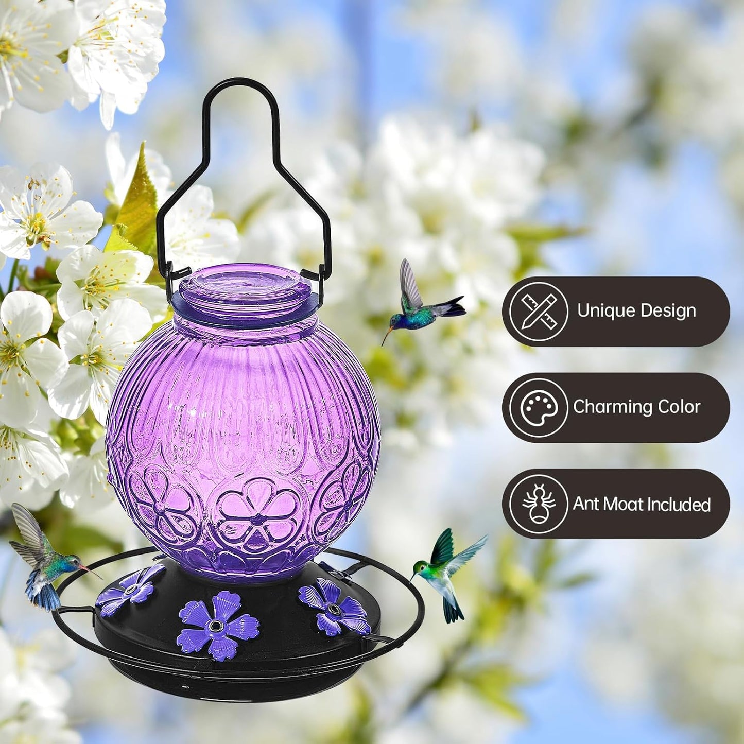 Glass Hummingbird Feeders for Outdoors Hanging, 23Oz Humming Bird Nectar Feeders with Perch, 5 Flower Feeding Ports, Leak Proof Base and Hook for Garden Decor, Gifts for Mom Women (Purple)