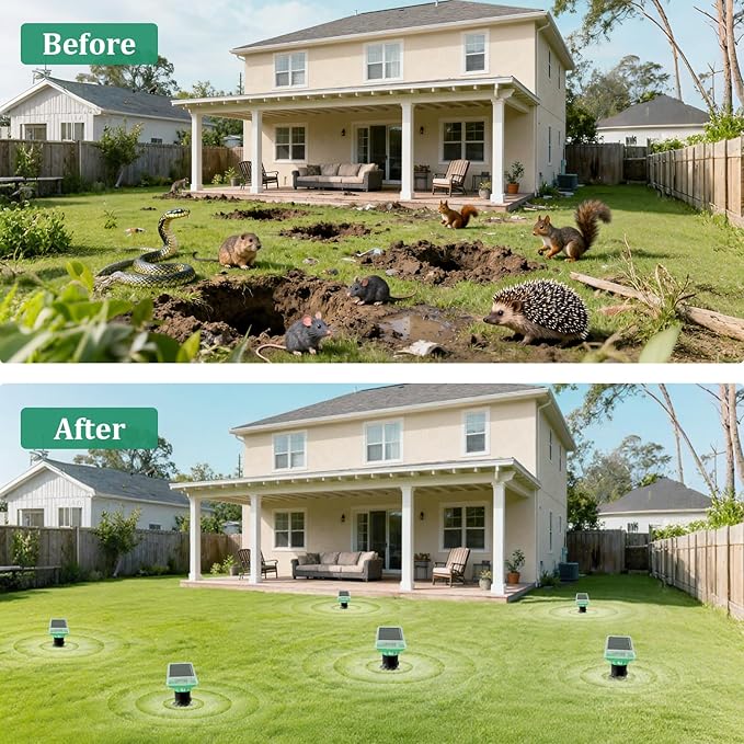 Mole Repellent Solar Powered, IP67 Waterproof Solar Mole Repellent Ultrasonic Snake Repellent Deterrent Gopher Vole Snake Pest and Other Rodent Animals, Get Rid of Moles, Groundhogs