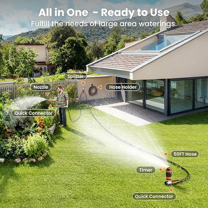 Giraffe Tools Garden Hose 50ft x 5/8", Water Hose Heavy Duty, Flexible with Hose Splitter, Nozzle and Yard Sprinkler, Lightweight Hybrid Hose with Swivel Handle, Male to Female Fittings, Burst 600 PSI