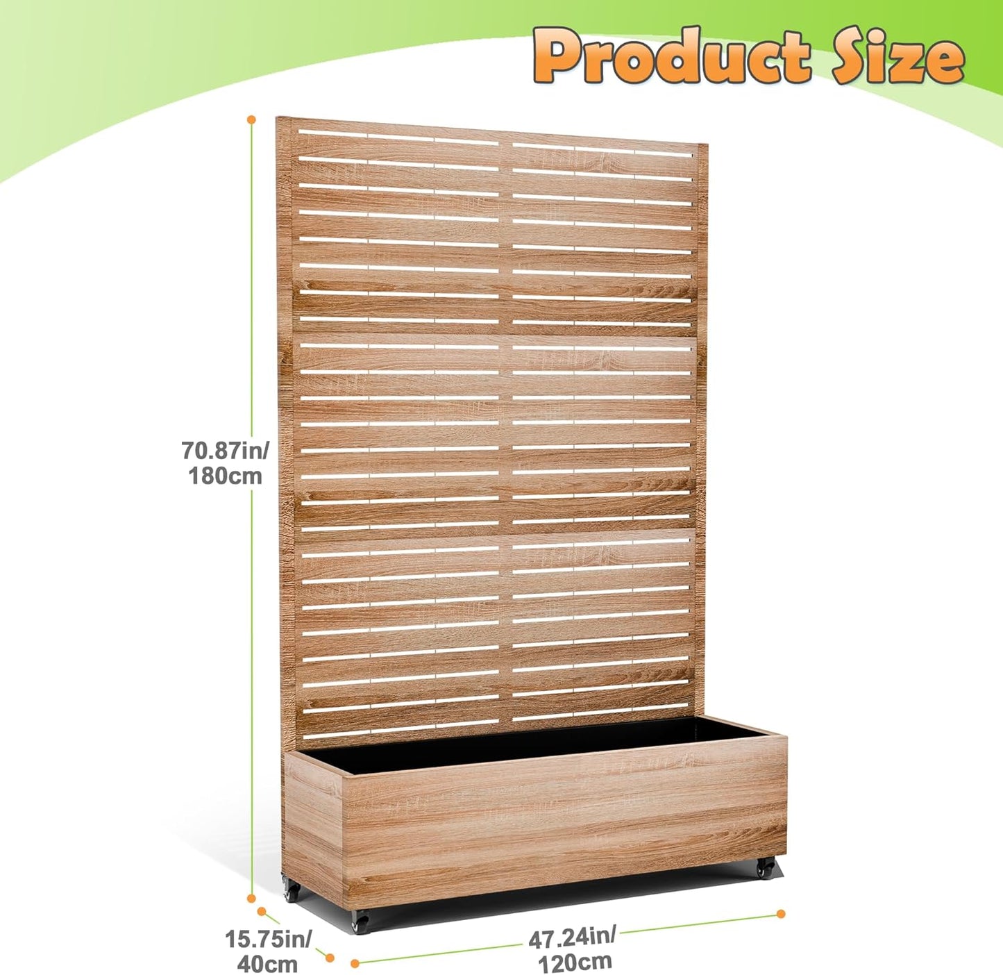 Metal Raised Garden Bed with Trellis, 2-in-1 Planter Box & Privacy Screen for Climbing Plants, Outdoor Standing Flower Bed with Drainage Holes, 47.2" L x 16.7" W x 70.8" H, Cut Oak Grain