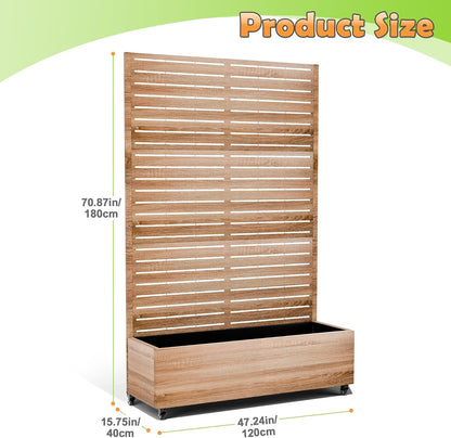 Metal Raised Garden Bed with Trellis, 2-in-1 Planter Box & Privacy Screen for Climbing Plants, Outdoor Standing Flower Bed with Drainage Holes, 47.2" L x 16.7" W x 70.8" H, Cut Oak Grain