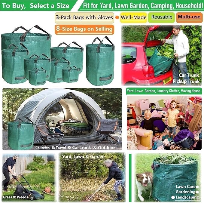 Standard 3-Pack 16 Gallons Home Garden Bags (D18, H15 inches) with Coated Gardening Gloves,Leaf Waste Bags,Patio Bag,Reusable Trash Can,Lawn Yard Waste Bags,Laundry Container with 4 handles
