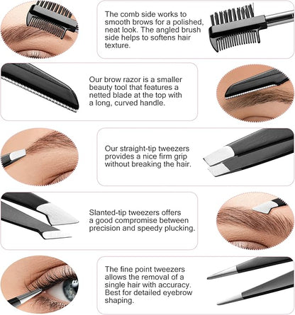 Eyebrow Trimmer 8-Pack - Eyebrow Tweezers Set - Eyebrow Shaping Kit for Women & Men With Razor, Brush With Comb, Pencil, and Scissors in Padded Case