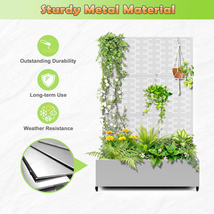 Metal Raised Garden Bed with Trellis, 2-in-1 Planter Box & Privacy Screen for Climbing Plants, Outdoor Standing Flower Bed with Drainage Holes, 47.2" L x 16.7" W x 70.8" H, White-Brick