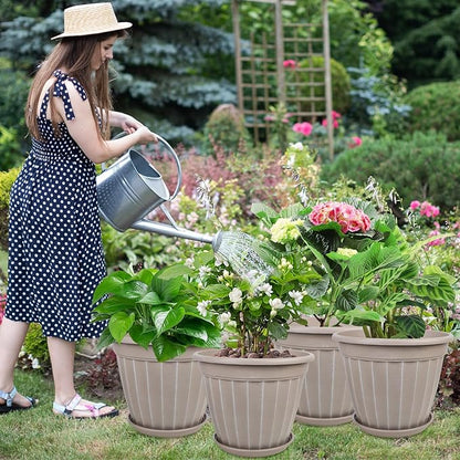 FGstyle 12 Inch Pots for Plants,4 Pack Tall Planters,Large Flower Pots with Drainage Hole & Saucer,Decorative Outdoor Planter for Planting Medium Large Plants(Beige