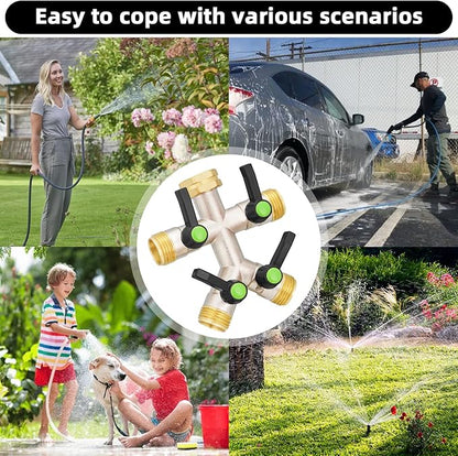 EJW 4 Way Hose Splitter, Heavy Duty Brass Garden Hose Splitter, outdoor faucet Divider 3/4" GHT Thread, Water Hose Splitters,Garden High Flow Hose Splitter,Garden Hose Adapter Connector.