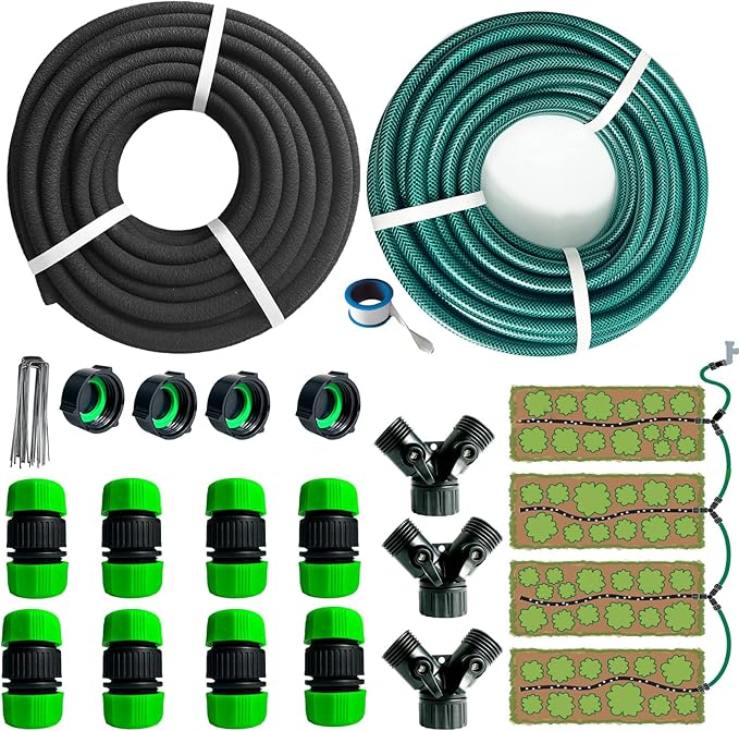 AMRITA Soaker Hose for Garden 60ft,PVC Garden Hose 50ft, 1/2" Drip Hose Linkable Consistent Irrigation Hose Save 70% Water, Heavy Duty Round Soaker Hose for Garden Bed Foundation.(1/2-60ft+50ft)
