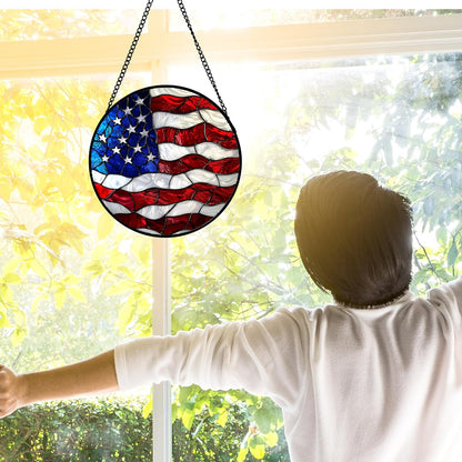 Stained Glass Window Hanging, Blue, White Red National Flag Pattern Sun Catchers Diamond Glass Panel Window Hangings Decor for Birthday Gifts for Women, Men, and Mom 6.3x6.3 in