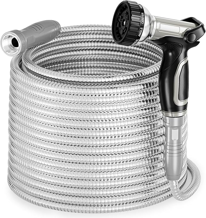 SPECILITE Stainless Steel Garden Water Hose 100 ft with Swivel Handle, Lightweight & Flexible Pipe with Heavy Duty Nozzle for Yard, Outdoor, Lawn
