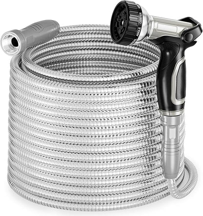 SPECILITE Stainless Steel Garden Water Hose 100 ft with Swivel Handle, Lightweight & Flexible Pipe with Heavy Duty Nozzle for Yard, Outdoor, Lawn