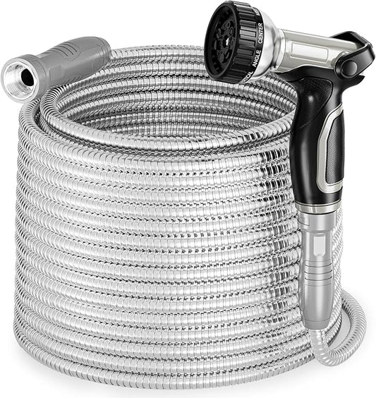 SPECILITE Stainless Steel Garden Water Hose 100 ft with Swivel Handle, Lightweight & Flexible Pipe with Heavy Duty Nozzle for Yard, Outdoor, Lawn