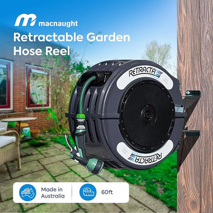 Macnaught Retractable Garden Hose Reel, 60 Ft Water Hose Reel Heavy Duty Retractable Hose with Metal 180° Swivel Rotation Bracket for Wall Mount - Gray